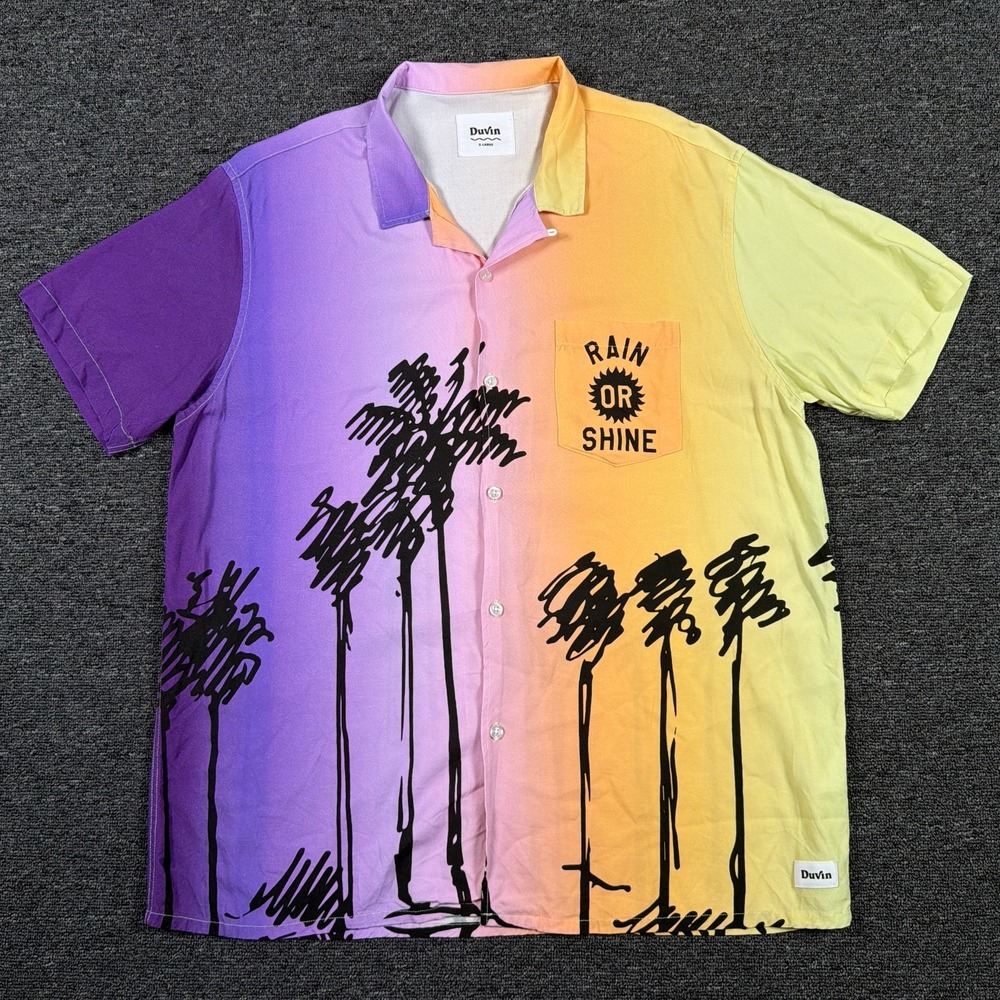 Duvin Shirt Mens XL Multicolor Rain or Shine Hawaiian Short Sleeve Button Up